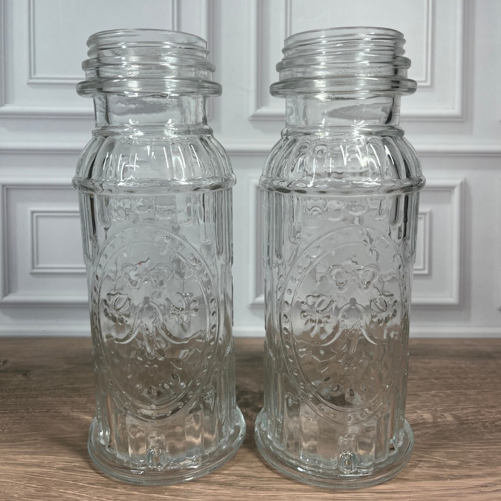 Vintage Style FYH Glass Jars Clear Floral Embossed Ornate Crest Ribbed Set of 2